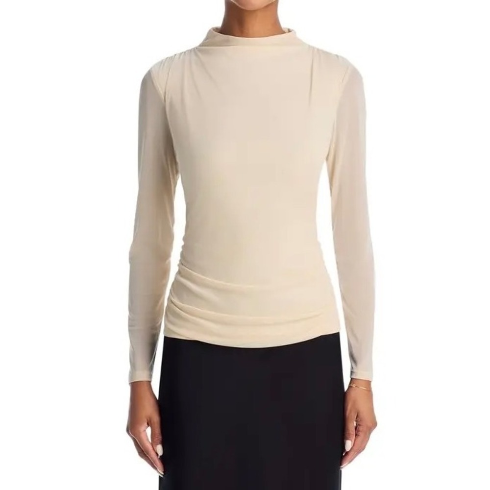 AQUA‎ Women's Beige Mock Neck Ruched Long Sleeve Top Elegant Party